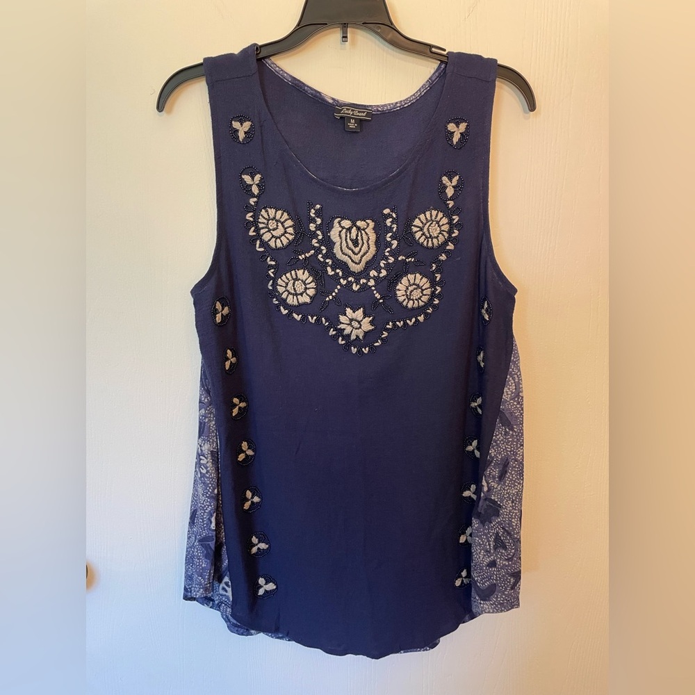 Lucky Brand Blue and White Embellished Tank Top